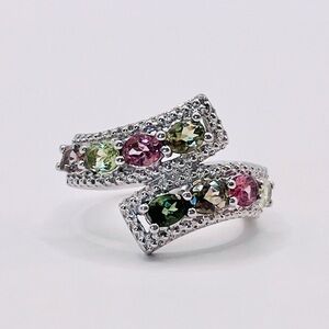 1.00 CT Natural Tourmaline Oval Cut Rhodium Plated Silver Ring